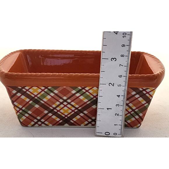 LOAF BAKING DISH-TEMP-TATIONS-Ceramic-Pumpkin & Green-Plaid-Holiday Theme-Small - Picture 8 of 8